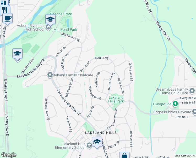map of restaurants, bars, coffee shops, grocery stores, and more near 5201 Marshall Avenue Southeast in Auburn
