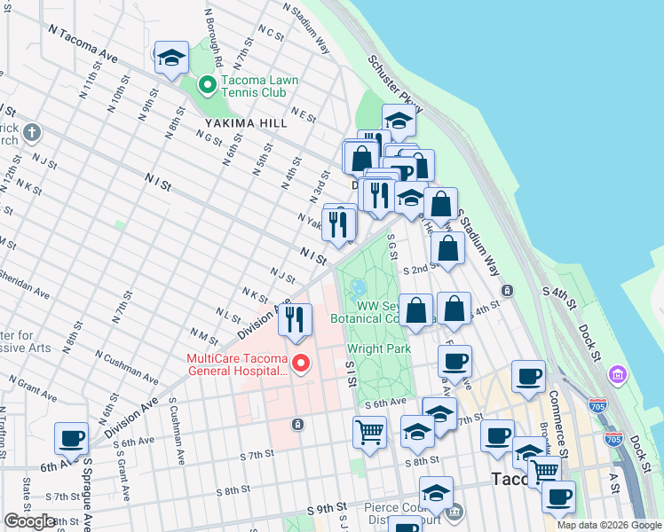 map of restaurants, bars, coffee shops, grocery stores, and more near in Tacoma