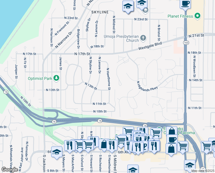 map of restaurants, bars, coffee shops, grocery stores, and more near 1310 North Hawthorne Street in Tacoma
