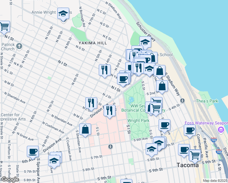 map of restaurants, bars, coffee shops, grocery stores, and more near 204 North I Street in Tacoma