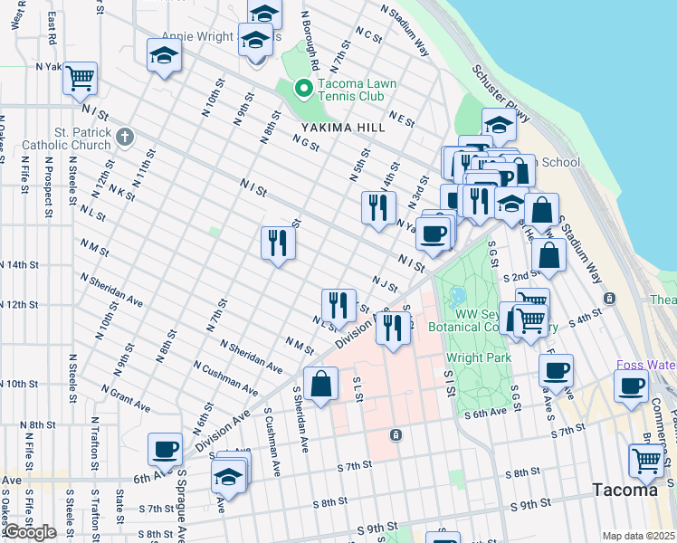 map of restaurants, bars, coffee shops, grocery stores, and more near 402 North J Street in Tacoma