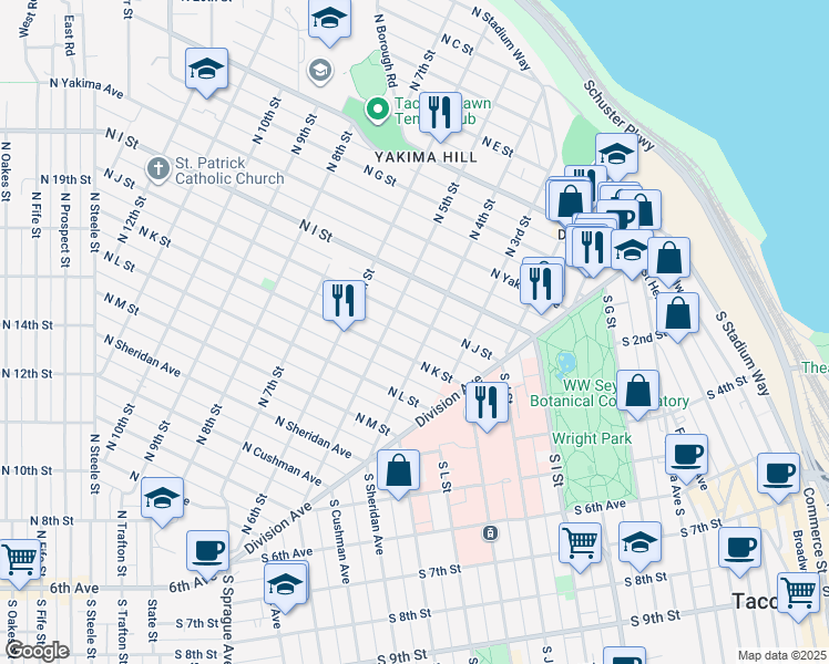 map of restaurants, bars, coffee shops, grocery stores, and more near 402 North J Street in Tacoma
