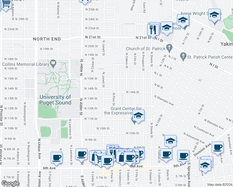 map of restaurants, bars, coffee shops, grocery stores, and more near 1228 North Anderson Street in Tacoma
