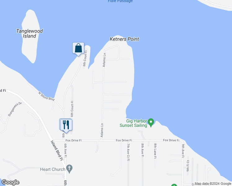 map of restaurants, bars, coffee shops, grocery stores, and more near 483 7th Avenue Fi in Fox Island
