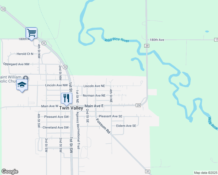 map of restaurants, bars, coffee shops, grocery stores, and more near 207 4th Street Northeast in Twin Valley