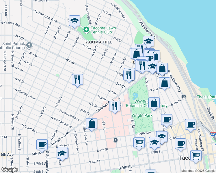 map of restaurants, bars, coffee shops, grocery stores, and more near 301 North J Street in Tacoma