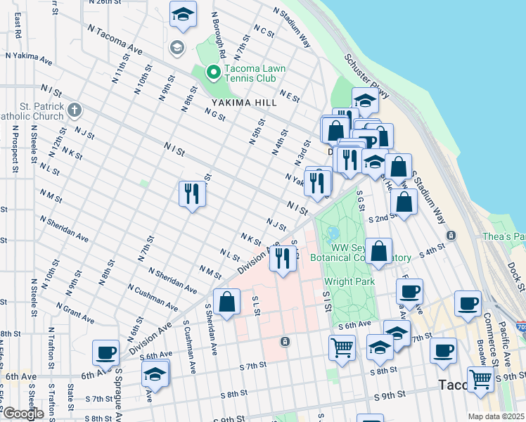 map of restaurants, bars, coffee shops, grocery stores, and more near 301 North J Street in Tacoma