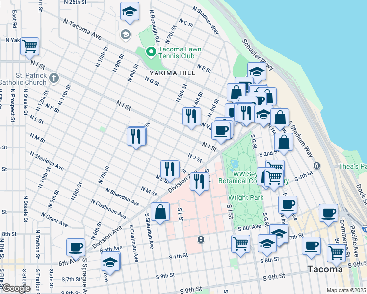 map of restaurants, bars, coffee shops, grocery stores, and more near 301 North J Street in Tacoma