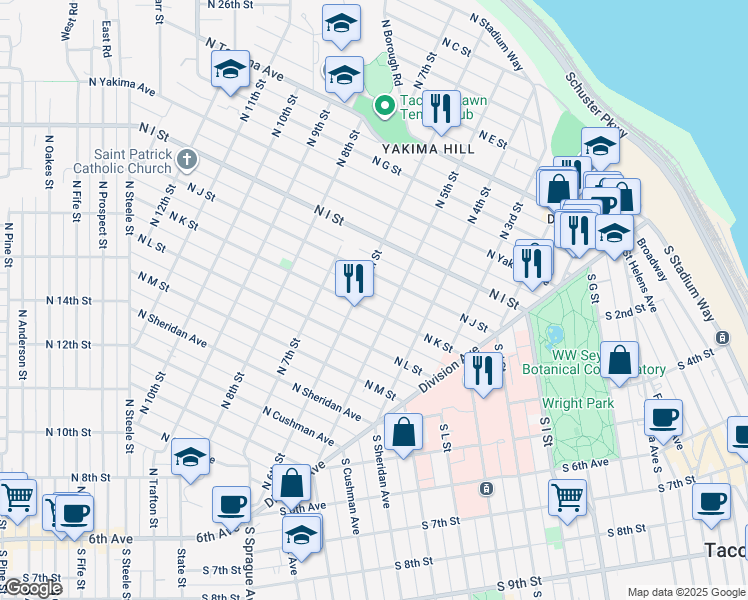 map of restaurants, bars, coffee shops, grocery stores, and more near 1018 North 5th Street in Tacoma