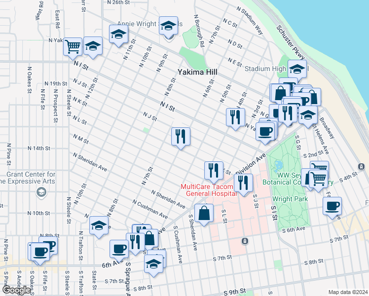 map of restaurants, bars, coffee shops, grocery stores, and more near 524 North K Street in Tacoma