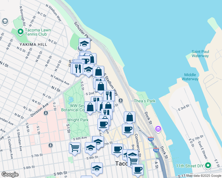 map of restaurants, bars, coffee shops, grocery stores, and more near 218 South Stadium Way in Tacoma