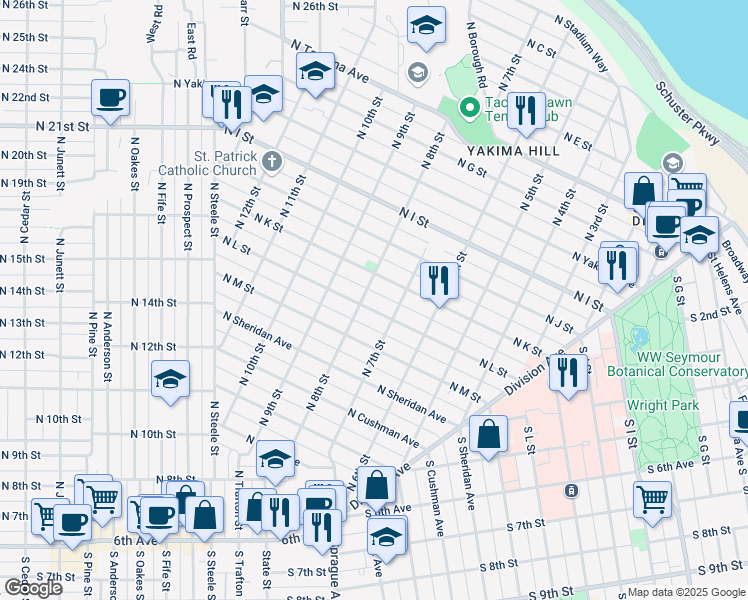 map of restaurants, bars, coffee shops, grocery stores, and more near 716 North L Street in Tacoma