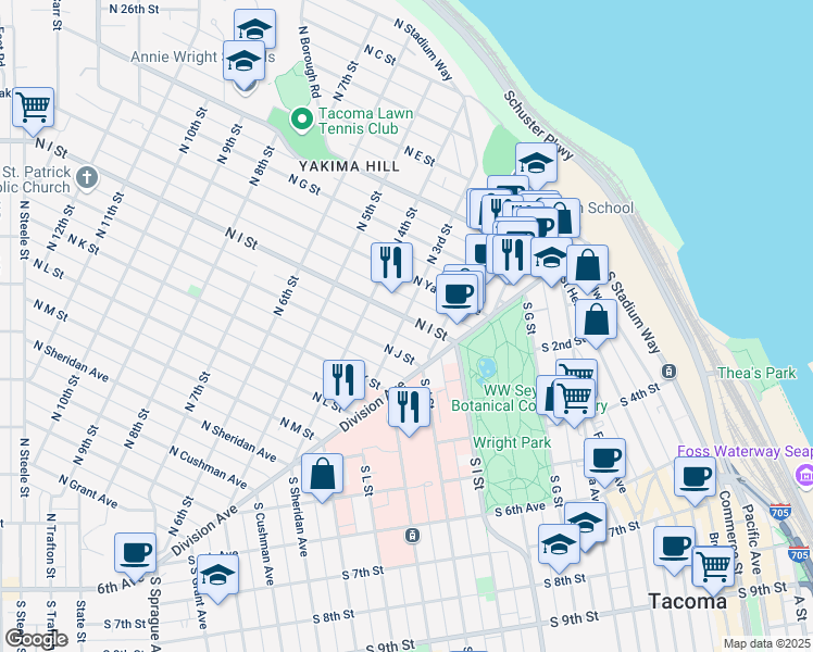 map of restaurants, bars, coffee shops, grocery stores, and more near 204 North I Street in Tacoma