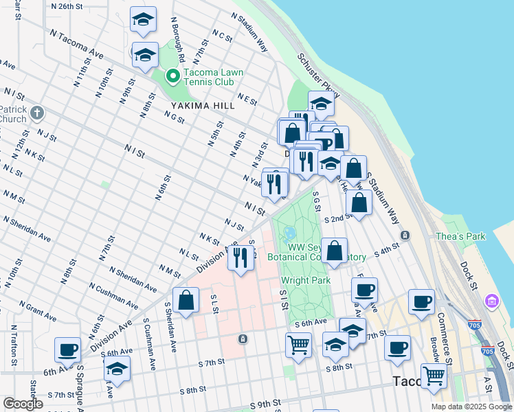 map of restaurants, bars, coffee shops, grocery stores, and more near 204 North I Street in Tacoma