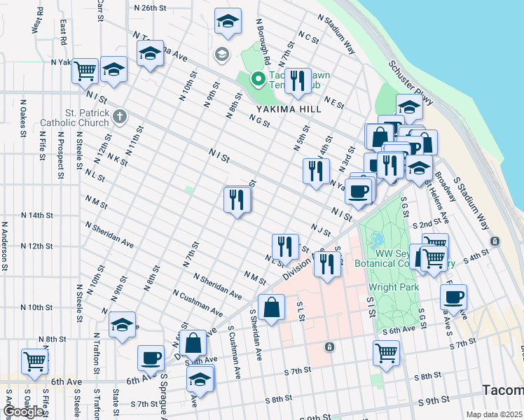 map of restaurants, bars, coffee shops, grocery stores, and more near 1018 North 5th Street in Tacoma