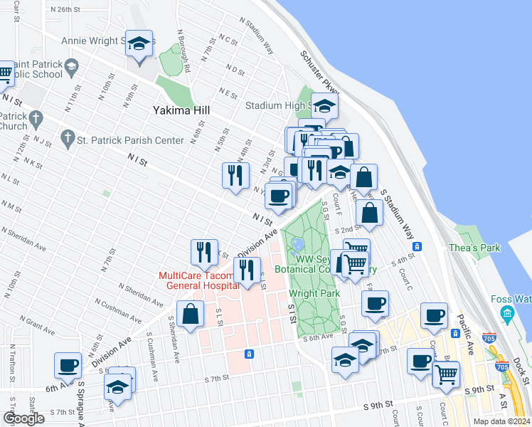 map of restaurants, bars, coffee shops, grocery stores, and more near 815 North 2nd Street in Tacoma