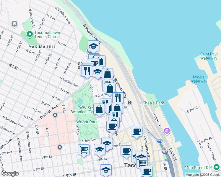 map of restaurants, bars, coffee shops, grocery stores, and more near 47 Saint Helens Avenue in Tacoma