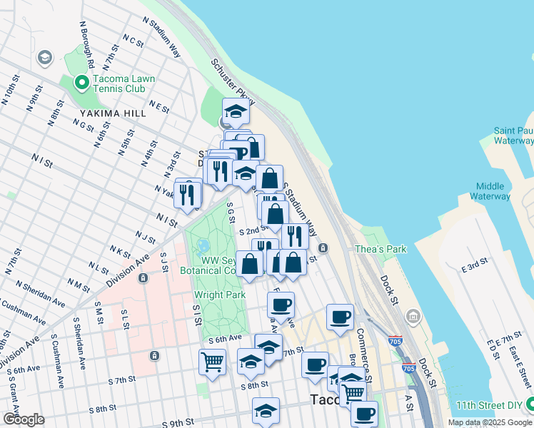 map of restaurants, bars, coffee shops, grocery stores, and more near 204 Tacoma Avenue South in Tacoma