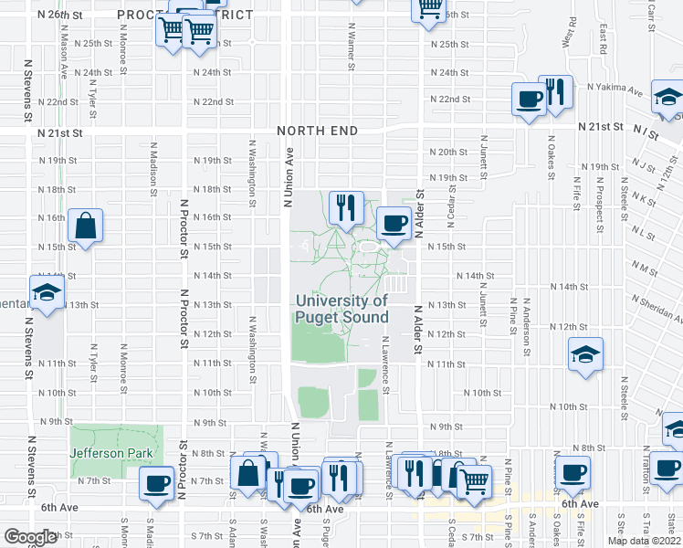 map of restaurants, bars, coffee shops, grocery stores, and more near in Tacoma