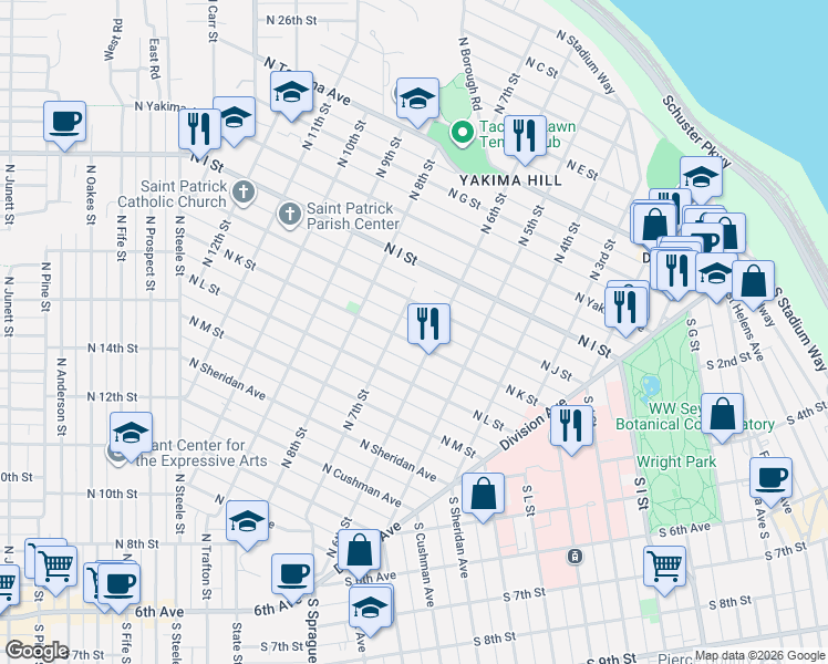 map of restaurants, bars, coffee shops, grocery stores, and more near 615 North J Street in Tacoma