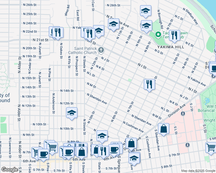map of restaurants, bars, coffee shops, grocery stores, and more near 1118 North 10th Street in Tacoma