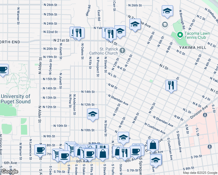 map of restaurants, bars, coffee shops, grocery stores, and more near 1121 North M Street in Tacoma