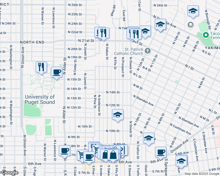 map of restaurants, bars, coffee shops, grocery stores, and more near 2602 North 15th Street in Tacoma