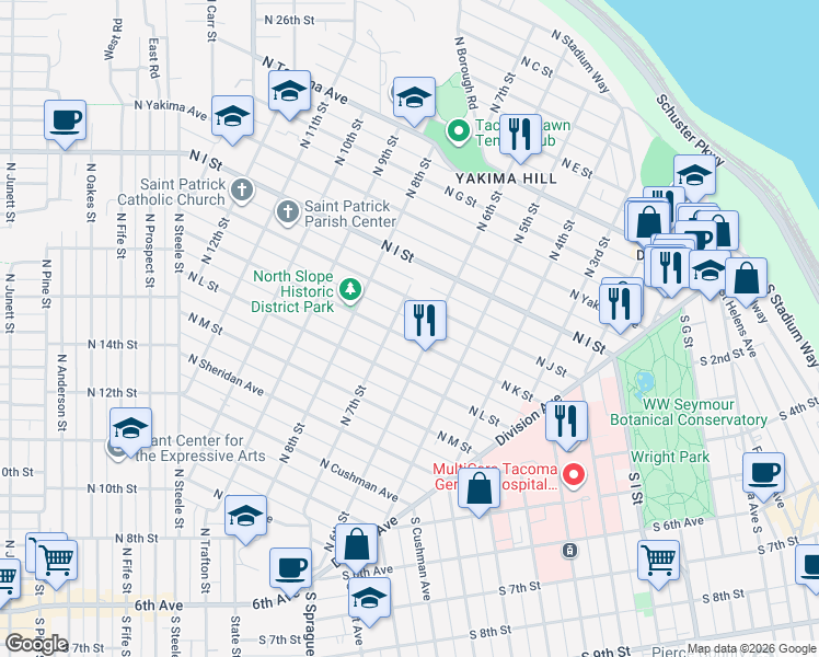 map of restaurants, bars, coffee shops, grocery stores, and more near 615 North J Street in Tacoma