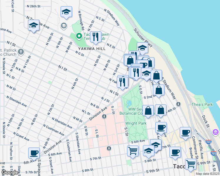 map of restaurants, bars, coffee shops, grocery stores, and more near 224 North Yakima Avenue in Tacoma