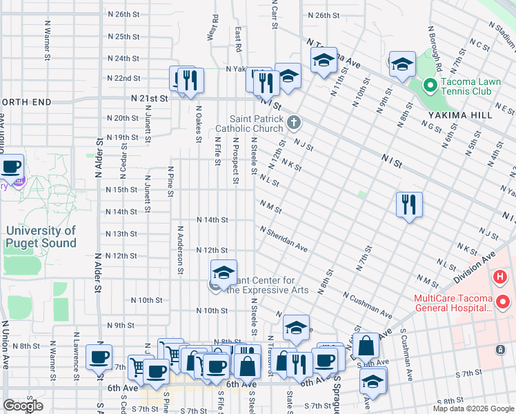map of restaurants, bars, coffee shops, grocery stores, and more near 1419 North Steele Street in Tacoma