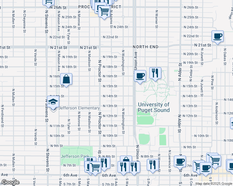 map of restaurants, bars, coffee shops, grocery stores, and more near 3722 North 15th Street in Tacoma