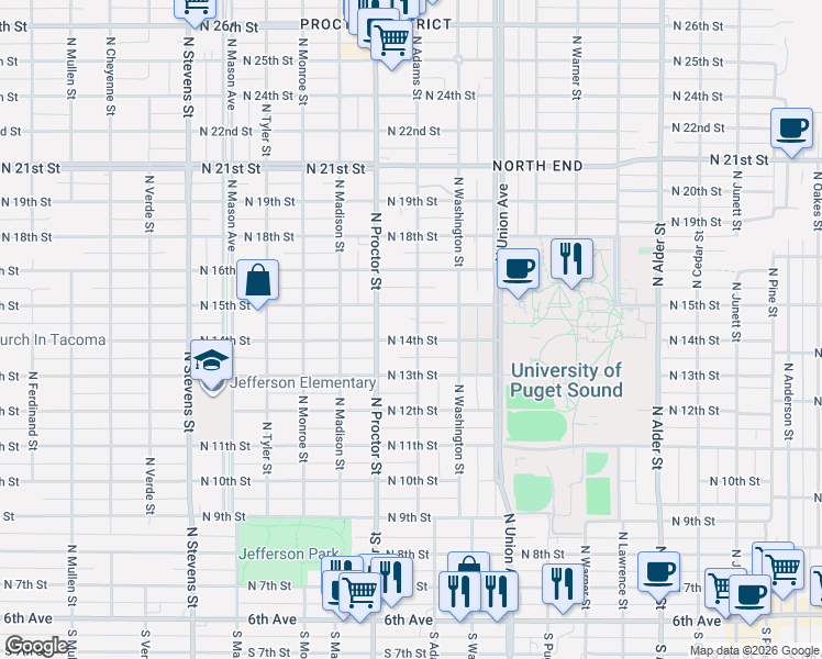 map of restaurants, bars, coffee shops, grocery stores, and more near 3722 North 15th Street in Tacoma