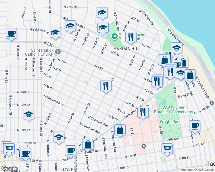 map of restaurants, bars, coffee shops, grocery stores, and more near 615 North J Street in Tacoma