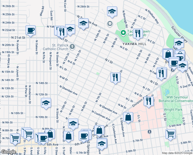 map of restaurants, bars, coffee shops, grocery stores, and more near 1017 North 8th Street in Tacoma