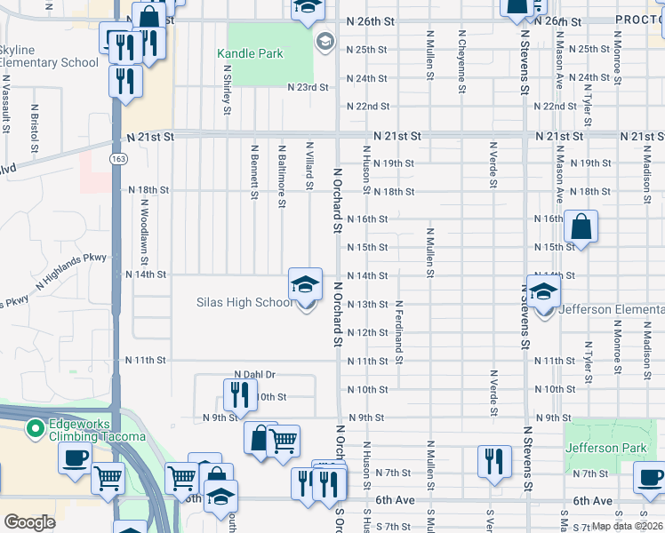 map of restaurants, bars, coffee shops, grocery stores, and more near 5019 North 15th Street in Tacoma