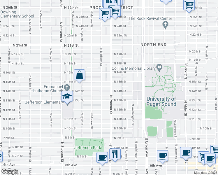 map of restaurants, bars, coffee shops, grocery stores, and more near 1408 North Proctor Street in Tacoma