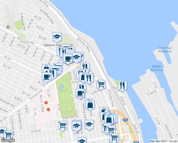 map of restaurants, bars, coffee shops, grocery stores, and more near 35 Broadway in Tacoma