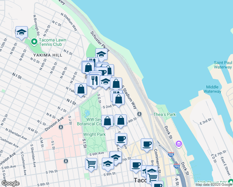map of restaurants, bars, coffee shops, grocery stores, and more near 17 Saint Helens Avenue in Tacoma