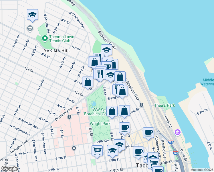 map of restaurants, bars, coffee shops, grocery stores, and more near 5 South G Street in Tacoma