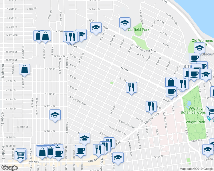 map of restaurants, bars, coffee shops, grocery stores, and more near 1017 North 8th Street in Tacoma