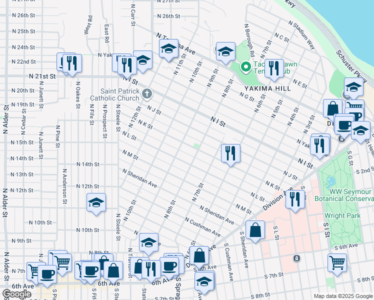 map of restaurants, bars, coffee shops, grocery stores, and more near 902 North K Street in Tacoma
