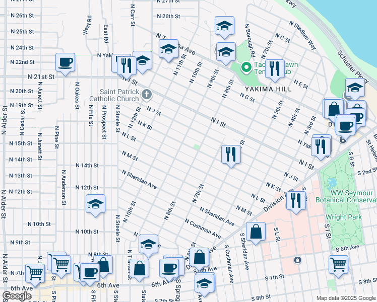 map of restaurants, bars, coffee shops, grocery stores, and more near 812 North K Street in Tacoma