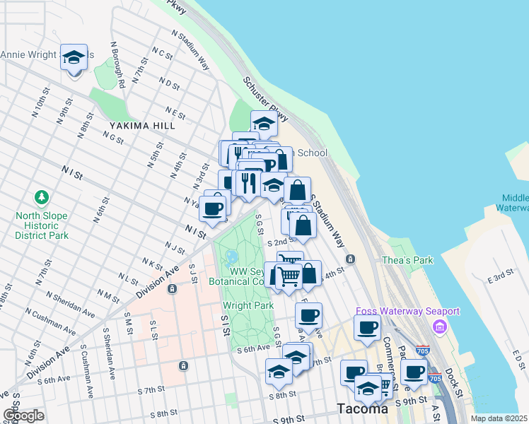 map of restaurants, bars, coffee shops, grocery stores, and more near 5 South G Street in Tacoma