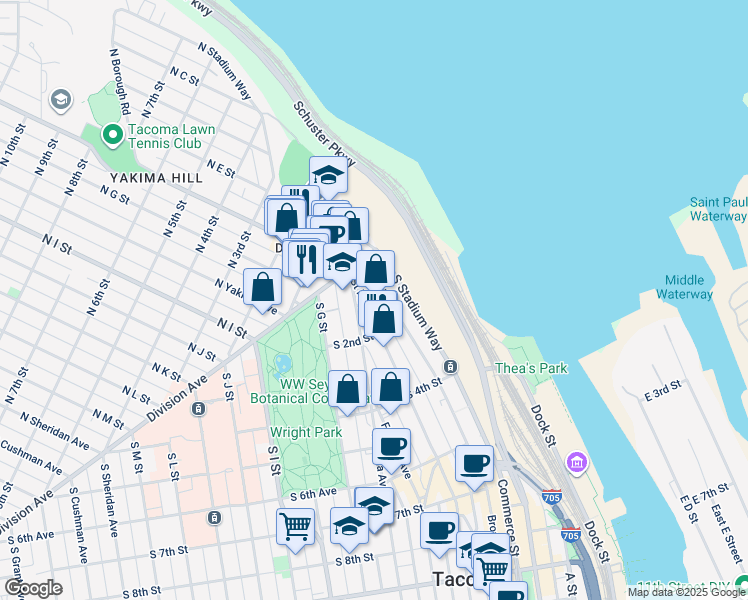 map of restaurants, bars, coffee shops, grocery stores, and more near 29 Saint Helens Avenue in Tacoma