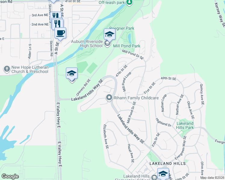 map of restaurants, bars, coffee shops, grocery stores, and more near 5018 Elliot Court Southeast in Auburn