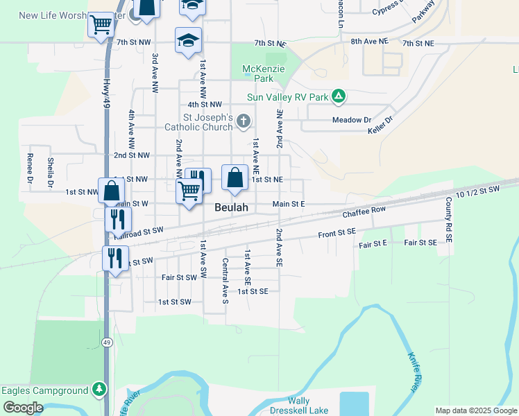 map of restaurants, bars, coffee shops, grocery stores, and more near 201 Main Street East in Beulah