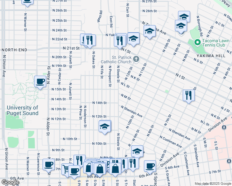 map of restaurants, bars, coffee shops, grocery stores, and more near 1429 North Prospect Street in Tacoma