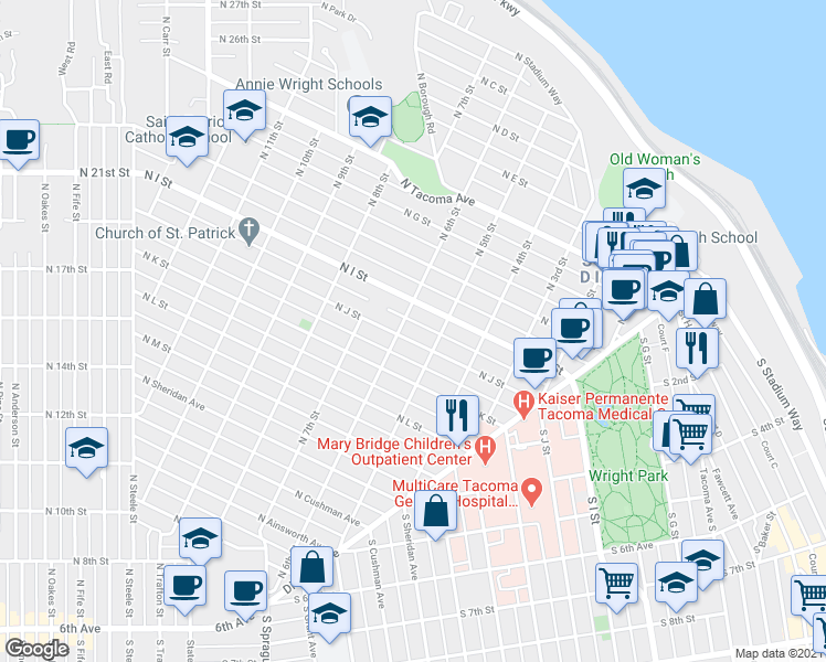 map of restaurants, bars, coffee shops, grocery stores, and more near 514 North I Street in Tacoma