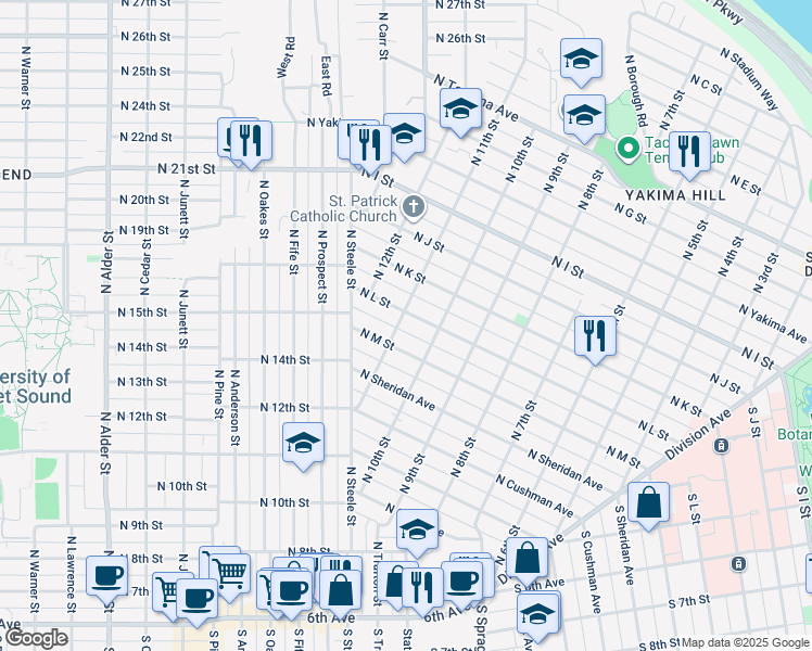map of restaurants, bars, coffee shops, grocery stores, and more near 1020 North L Street in Tacoma