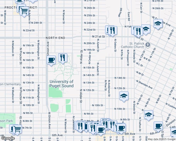 map of restaurants, bars, coffee shops, grocery stores, and more near in Tacoma
